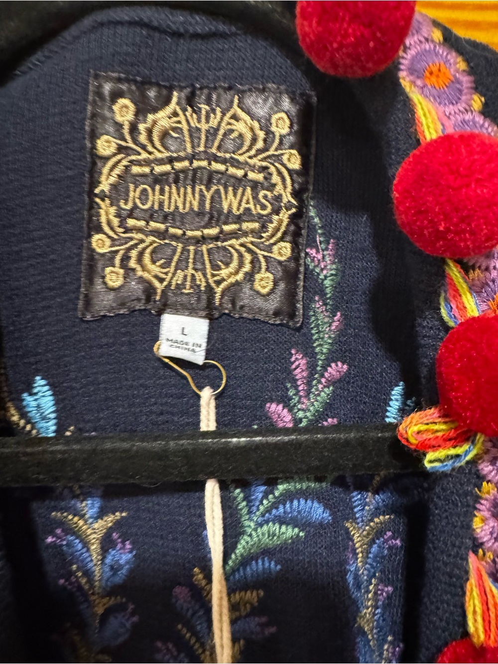 Johnny Was Navy Embroidered Kimono Cardigan with Red Pom Accents - Picture 3 of 11